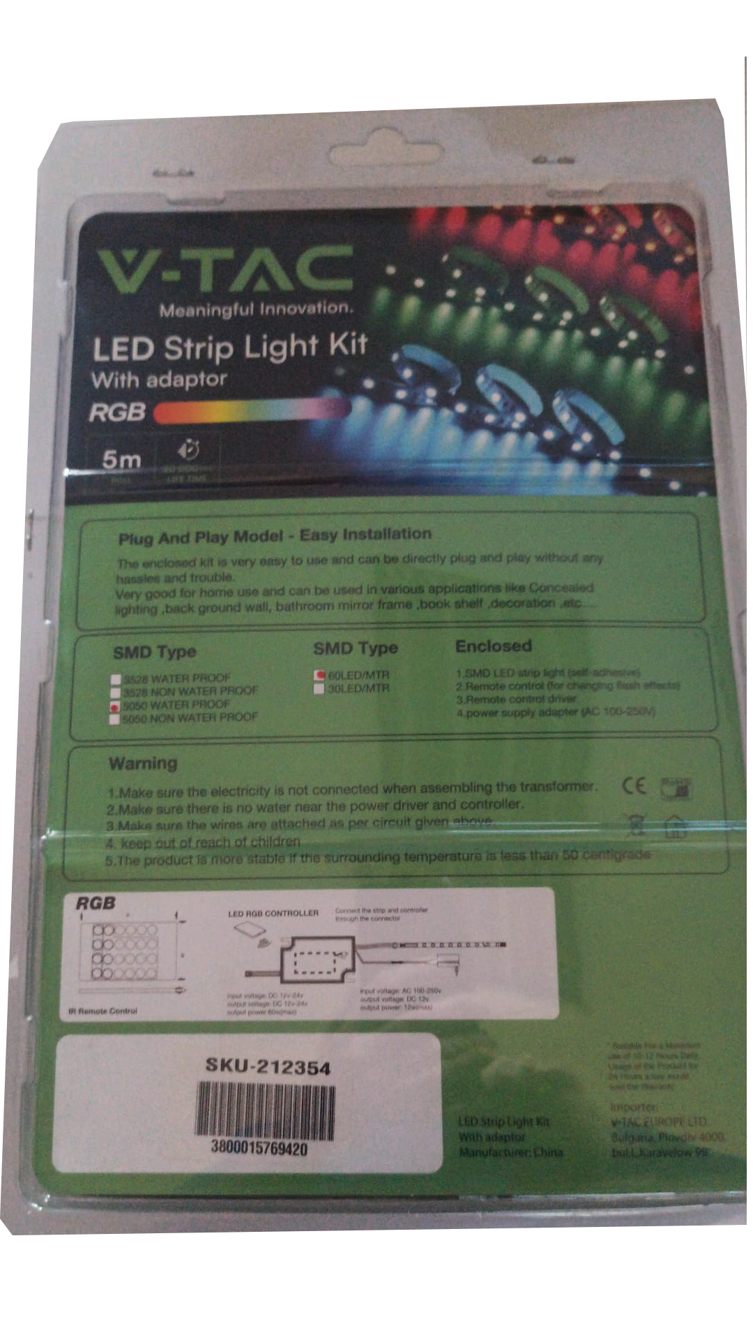 LED traka - SET s kontrolerom, daljinskim upravljačem i pretvaračem 7W/m RGB 60LED/M 5m IP65 (212155/3239/3625) IP65 12V